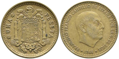 ИСПАНИЯ 1 ПЕСЕТА 1966 (68) ФРАНСИСКО ФРАНКО ДИКТАТОР ИСПАНИИ (1939-1975) KM 796 алюминиевая бронза 110-1224