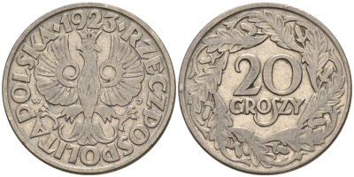 Польша 20 грошей 1923 год тип KM 12 никель    4147-327