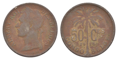 Бельгийское Конго 50 сантимов 1926 Надпись на французском - 'ALBERT ROI DES BELGES' KM 22 медно-никель 4650-425
