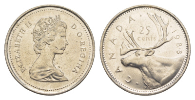 Канада 25 центов 1988 Елизавета II (1952-2022), олень KM 74 никель 4637-833