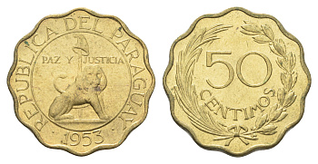 Парагвай 50 сентимо 1953 лев, фригийский колпак на шесте KM 28 алюминиевая бронза  aUNC  M78-04