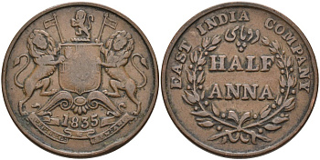 Британская Индия 1/2 анна 1835 M, Британская Ост-Индская компания, Мадрас, диаметр 30,8 мм. KM 447.1 медь 88-915