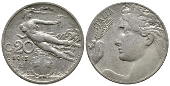 Италия 20 чентезимо 1913 R, Виктор Эммануил III (1900-1946) KM 44 никель 177-1056