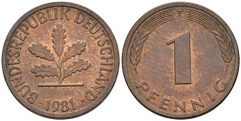 ФРГ 1 ПФЕННИГ 1981 F KM 105, J.380 сталь плакированная медью UNC 75-427