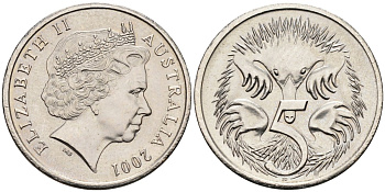 Австралия 5 центов 2001 Елизавета II (1952-2022), ехидна KM 401 медно-никель UNC 4585-915