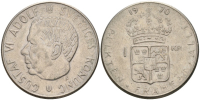 Швеция 1 крона 1970 U, Густав VI Адольф (1950-1973) KM 826а медь плакированная медно-никелем 4557-236