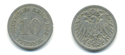 ГЕРМАНИЯ 10 ПФЕННИГОВ 1899 D KM 12, J. 13 медно-никель 4379-828
