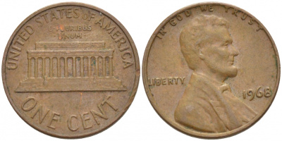 США 1 ЦЕНТ 1968 ЛИНКОЛЬН KM 201 медь цинк 3851-1034