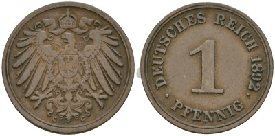 Германия 1 пфенниг 1892 G, Вильгельм II (1888-1918) KM 10, J. 10 медь 4608-219