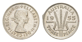 Австралия 3 пенса 1955 Елизавета II (1952-2022) KM 57 серебро UNC 4649-1111