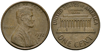 США 1 цент 1972 D, Линкольн KM 201 медь цинк 4136-138