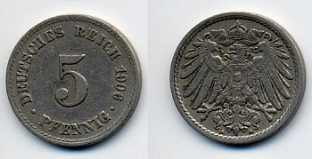 ГЕРМАНИЯ 5 ПФЕННИГОВ 1906 A, KM 11, J. 12 медно-никель 76-225