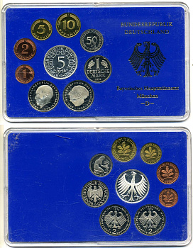 ФРГ набор из 9 монет 1974 D, в оригинальной пластиковой упаковке KM PS 32 PROOF 3-4-8-12