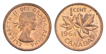 Канада 1 цент 1964 Елизавета II (1952-2022), кленовый лист KM 49 бронза UNC 4636-552