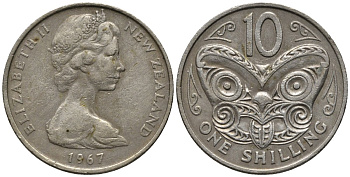 Новая Зеландия 10 центов 1967 Елизавета II (1952-2022), маска маори KM 41.1 медно-никель 4579-945