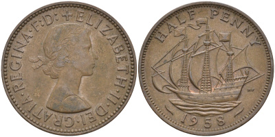 Великобритания 1/2 пенни 1958 Елизавета II (1952-2022) KM 896, Spink 4158 бронза    4187-527