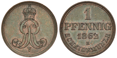 Ганновер 1 пфенниг 1862 B, Георг V KM 233, AKS 156, J. 90 медь 4594-455