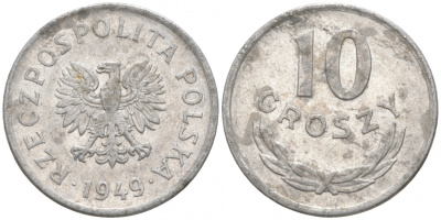 Польша 10 грошей 1949 KM 42а алюминий 99-556