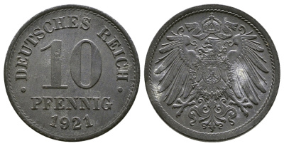 ГЕРМАНИЯ 10 ПФЕННИГОВ 1921 KM 26, J. 299 цинк 4380-242