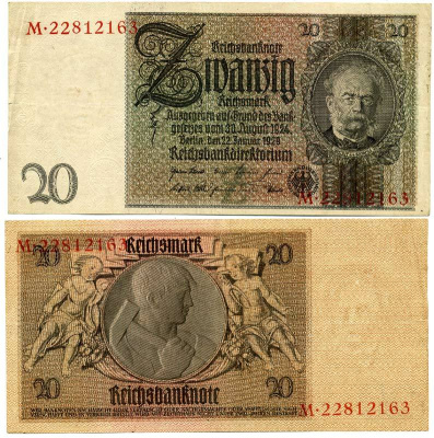 ГЕРМАНИЯ 20 РЕЙХСМАРОК 1929 Pick 181a бумага 3295-75-3