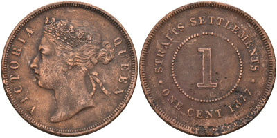 Стрейтс-Сетлментс 1 цент 1877 Виктория (1837-1901), Ост-Индская компания KM 9 медь 4590-431