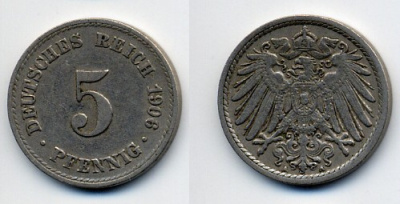 ГЕРМАНИЯ 5 ПФЕННИГОВ 1906 A, KM 11, J. 12 медно-никель 76-225