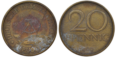 ГДР 20 пфеннигов 1969 А, первый год KM 11 латунь 62-937
