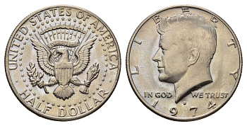 США 1/2 доллара (50 центов) 1974 D, Джон Кеннеди KM 202b медь плакированная медно-никелем UNC 4672-535