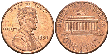 США 1 ЦЕНТ 1998 ЛИНКОЛЬН KM 201b цинк плакированный медью UNC 187-752