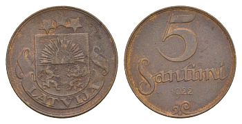 Латвия 5 сантимов 1922 KM 3 бронза 4658-1215