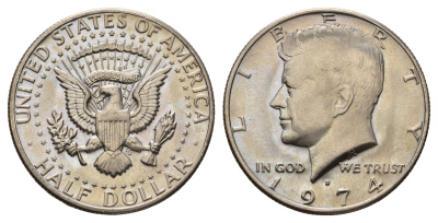 США 1/2 доллара (50 центов) 1974 D, Джон Кеннеди KM 202b медь плакированная медно-никелем UNC 4672-535