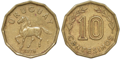 Уругвай 10 сентесимо 1976 KM 66 алюминиевая бронза 4164-751