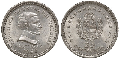 Уругвай 25 сентесимо 1960 KM 40 медно-никель 4169-759