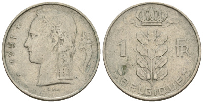 Бельгия 1 франк 1951 Belgique, Бодуэн I (1951-1993) KM 142.1 медно-никель 259-1035