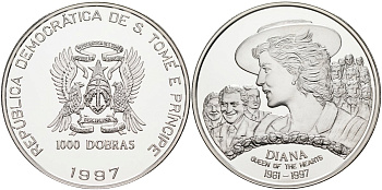 Сан-Томе и Принсипи 1000 добра 1997 Диана-королева сердец, тираж 5000 экз. KM 85а серебро PROOF 00-000-00