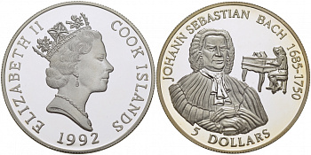 Острова Кука 5 долларов 1992 Иоганн Себастьян Бах (1685-1750) KM 150 серебро  PROOF  1084-10-13