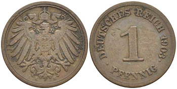ГЕРМАНИЯ 1 ПФЕННИГ 1903 E KM 10, J. 10, Weege 2 медь 211-313