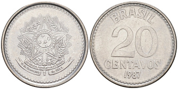 Бразилия 20 сентаво 1987 герб KM 603, Schon 112 нержавеющая сталь 187-533