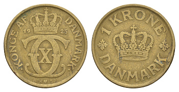 Дания 1 крона 1925 HCN, Кристиан X (1912-1947) KM 824 алюминиевая бронза 4657-326