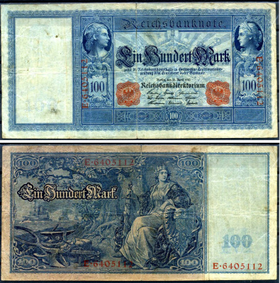 Германия 100 марок 1910 21 апреля 1910, красная печать, Меркурий и Церера, голубая бумага Pick 42 (2) бумага 2194-35-2-2