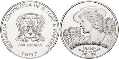 Сан-Томе и Принсипи 1000 добра 1997 Диана-королева сердец, тираж 5000 экз. KM 85а серебро PROOF 00-000-00