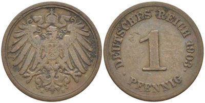 ГЕРМАНИЯ 1 ПФЕННИГ 1903 E KM 10, J. 10, Weege 2 медь 211-313