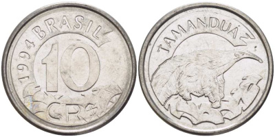 Бразилия 10 крузейро реал 1994 муравьед KM 628 нержавеющая сталь 4388-314