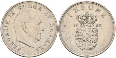 Дания 1 крона 1963 Фредерик IX (1947-1972) KM 851 медно-никель 4586-1125