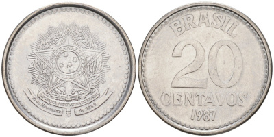 Бразилия 20 сентаво 1987 герб KM 603, Schon 112 нержавеющая сталь 187-533