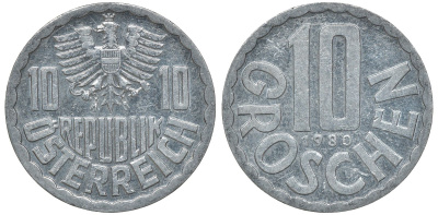 АВСТРИЯ 10 ГРОШЕЙ 1980 KM 2878 алюминий 72-1343