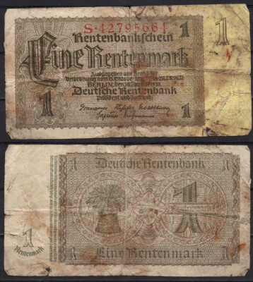 Германия 1 рентенмарка 1937 Pick 173b бумага 8518-41-3-2