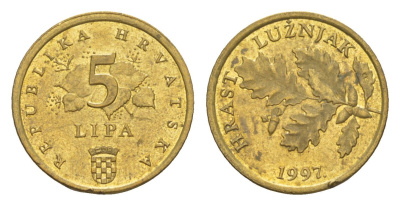 Хорватия 5 лип 1997 дуб, нечетный год KM 5 сталь плакированная латунью aUNC 3334-1166