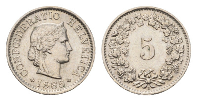 Швейцария 5 раппенов 1965 B, редкий год KM 26 медно-никель 1528-1012