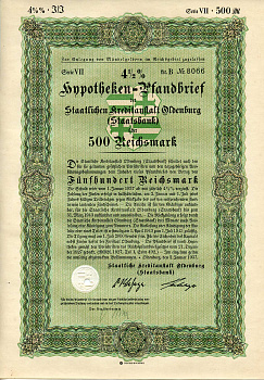 Германия 500 рейхсмарок 1937 Государственное кредитное учреждение Ольденбурга (Государственный банк), ипотечный залог под залог 4-1/2%, облигация   бумага   8802-11-1